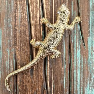 Vintage Lizard Salamander Gold Tone Brooch Clear Rhinestone Eyes Pin 2.75"